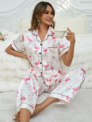 2 Piece Women's Satin Pajamas Set Short Sleeve Top And Long Pants Pjs Sets Silky Sleepwear Loungewear Autumn Homewear for Ladies