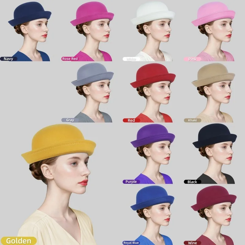 New Solid Color Winter Wool Felt Dome Hat Elegant French Retro British Style Fedora Hat for Women Daily Wear