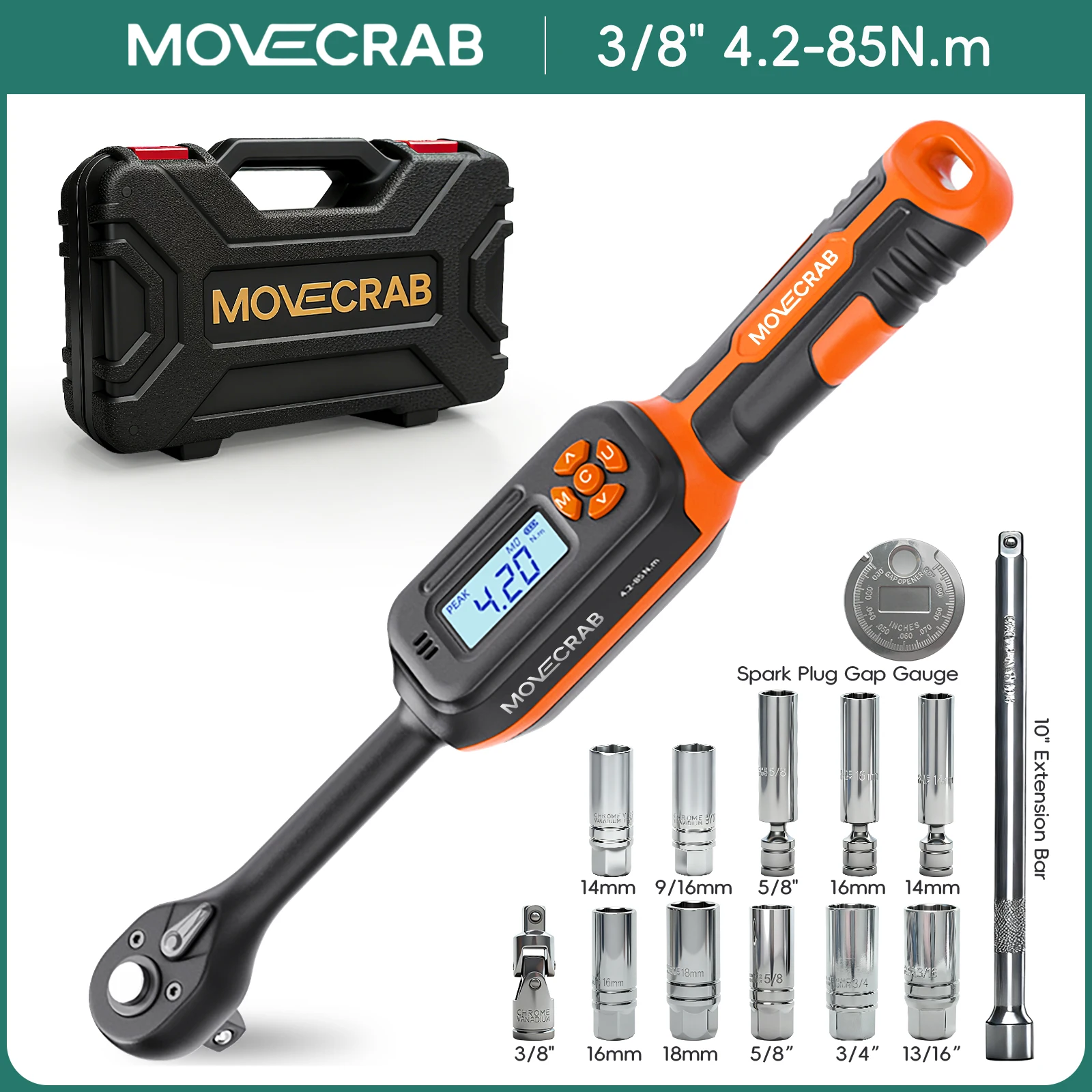 MOVECRAB Serie Digitale Momentsleutel 1,5-340N.m 2% Nauwkeurigheid Voorgeprogrammeerde Waarden met Zoemer, LED-flits & Trillingsmelding op de handgreep