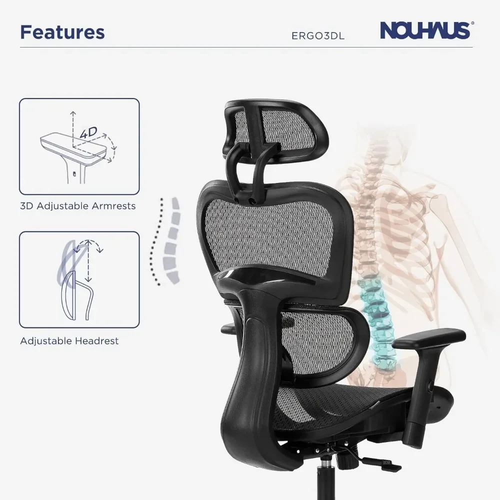 3d Ergonomische Kantoorstoel Lendensteun Mesh Bureaustoel Met 4d Verstelbare Armsteun, Verstelbare Hoofdsteun En Wielen