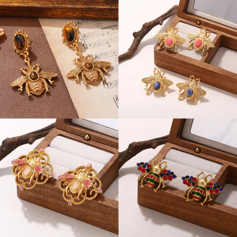 Vintage Elegant Bee Insect Stud Earrings for Women - Gold Tone Statement Jewelry Various Styles Bee Ear Charm Daily Ear Wear