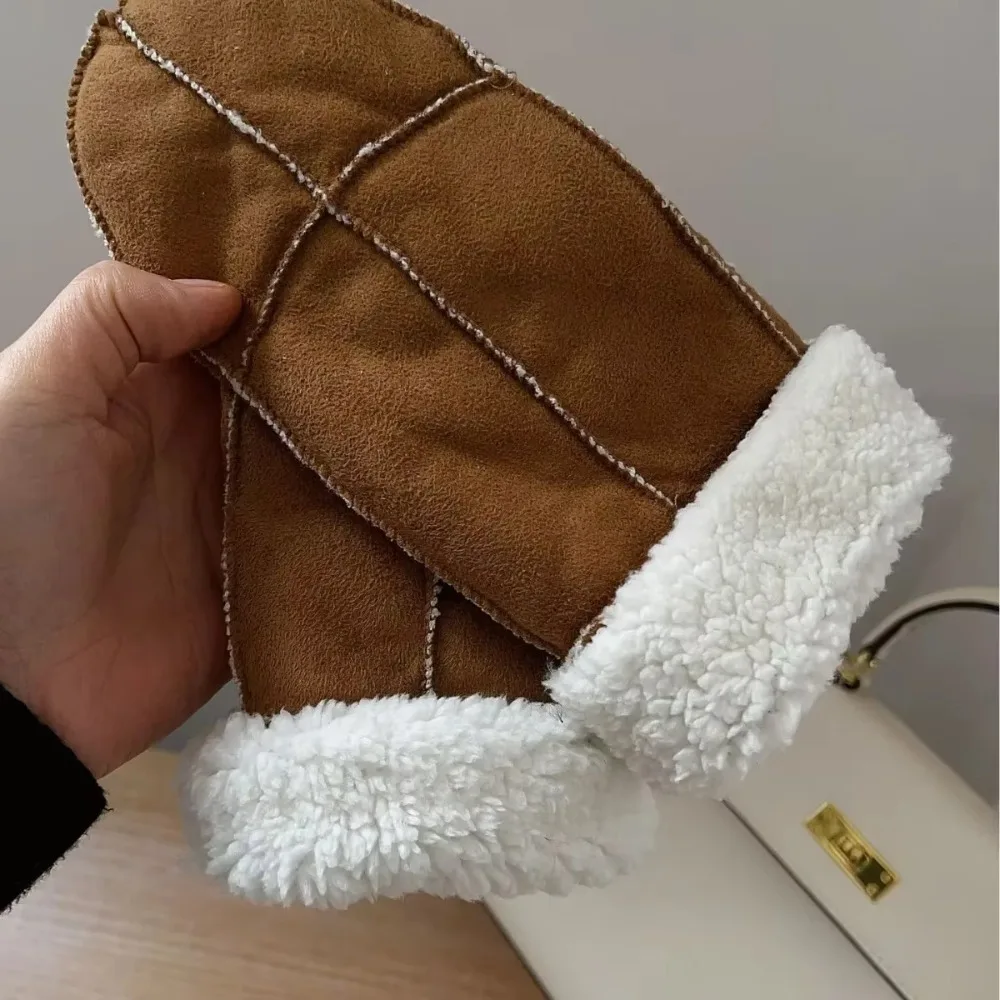 High Quality Maillard Color Turn-over Gloves Thickened Fleece-lined Wide Edge Gloves Faux Suede Lamb Wool Winter Gloves Unisex