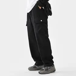 American Vintage High Street Autumn New Loose Straight Jeans Men Solid Elastic Waist Pocket Casual Loose Wide Leg Cargo Pants