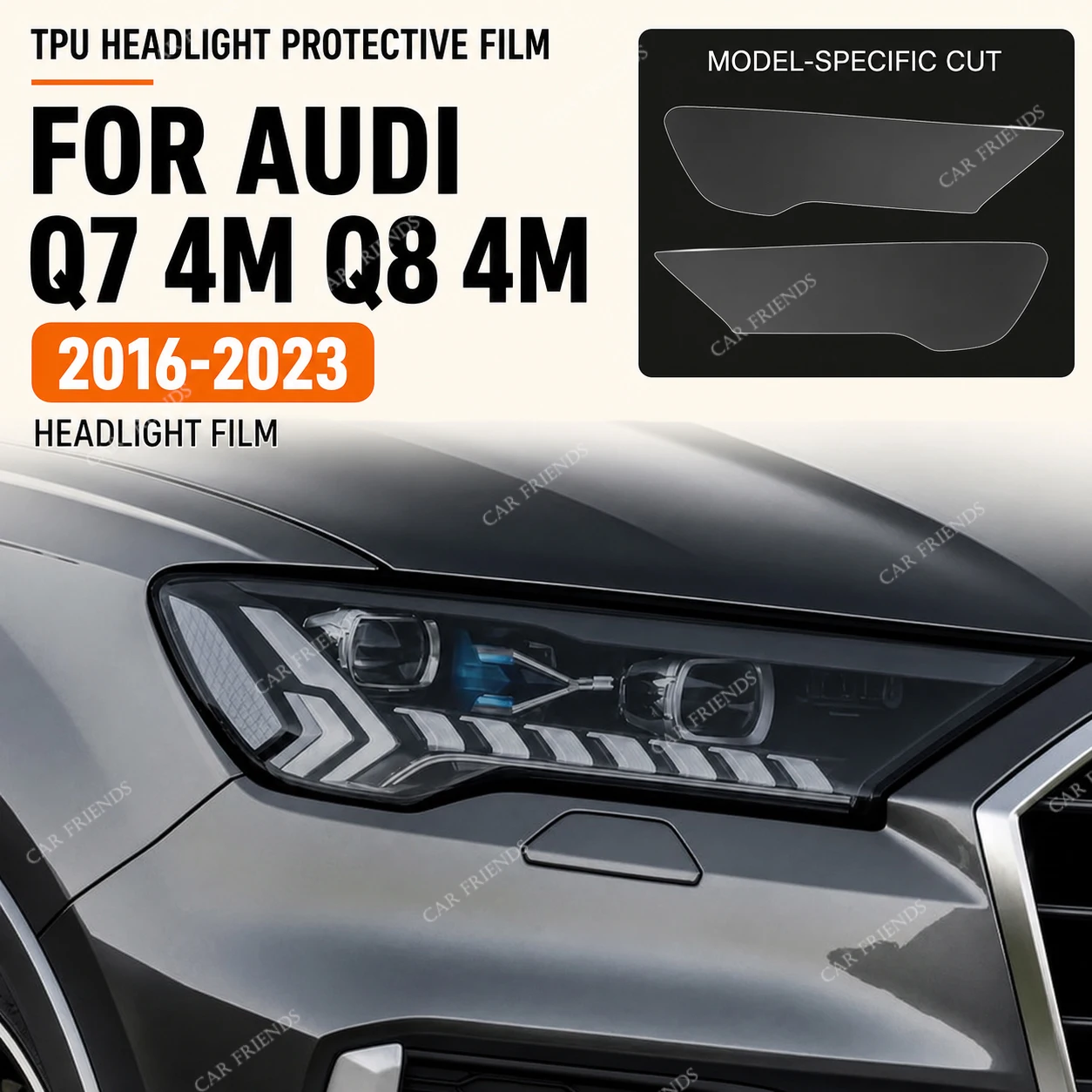 2x Custom Fit TPU Headlight Protective Film for Audi Q7 Q8 Smoke Black Pre-Cut