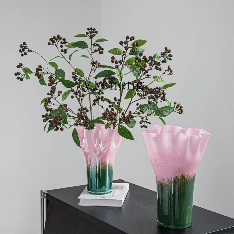 

ZKNordic wind pink green gradual change glass vase home modern living room decoration light luxury hydroponic flower arrangement