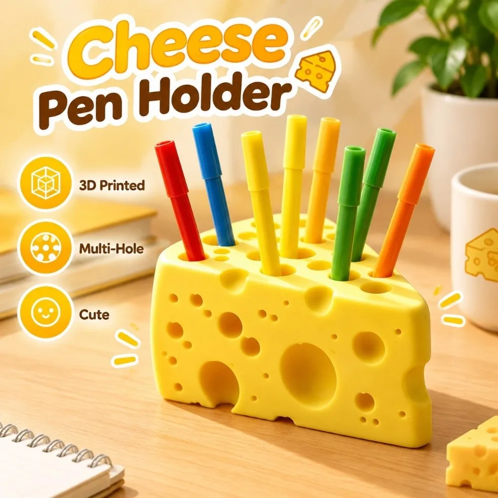 Funny 3D Printed Cheese Pen Holder Cute Creative Desktop Organizer Multi-Hole Yellow Stationery Stand Office