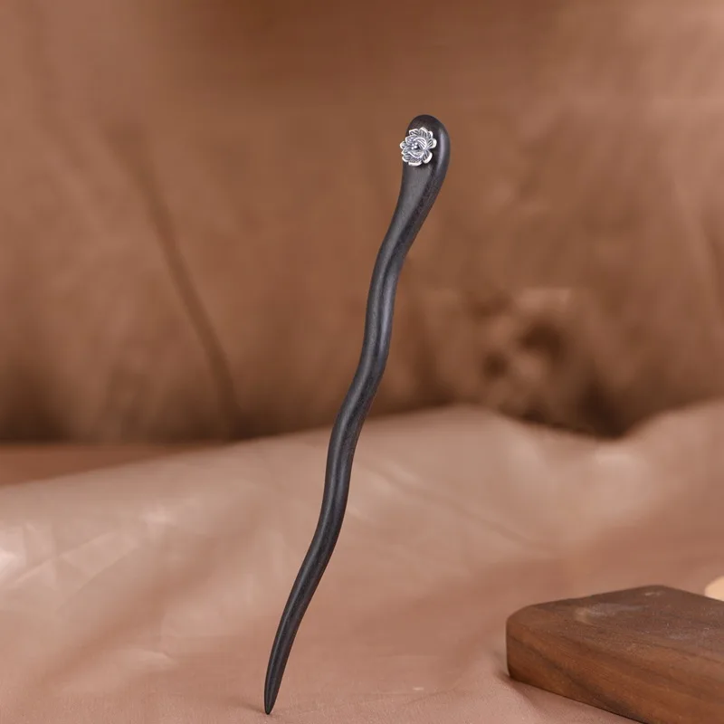 Palillos para el cabello de loto plateado tailandés Vintage para mujer, horquillas para el cabello de sándalo Natural de plata 925, ropa étnica de mano, tocado curvo