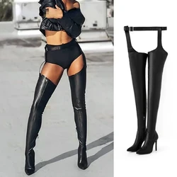 Kobiety Chap Boots Stretch Zip Up Waist Belt Pointed Toe High Heels Boots Thigh High Shoes Sexy Ladies Stilettos Large Size 35-43