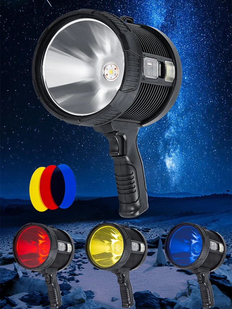 Waterproof Solar Power Searchlight, Handheld Torch, 3 Light Colors Flashlight, USB Rechargeable, Lamp Filter, Work Light, P50