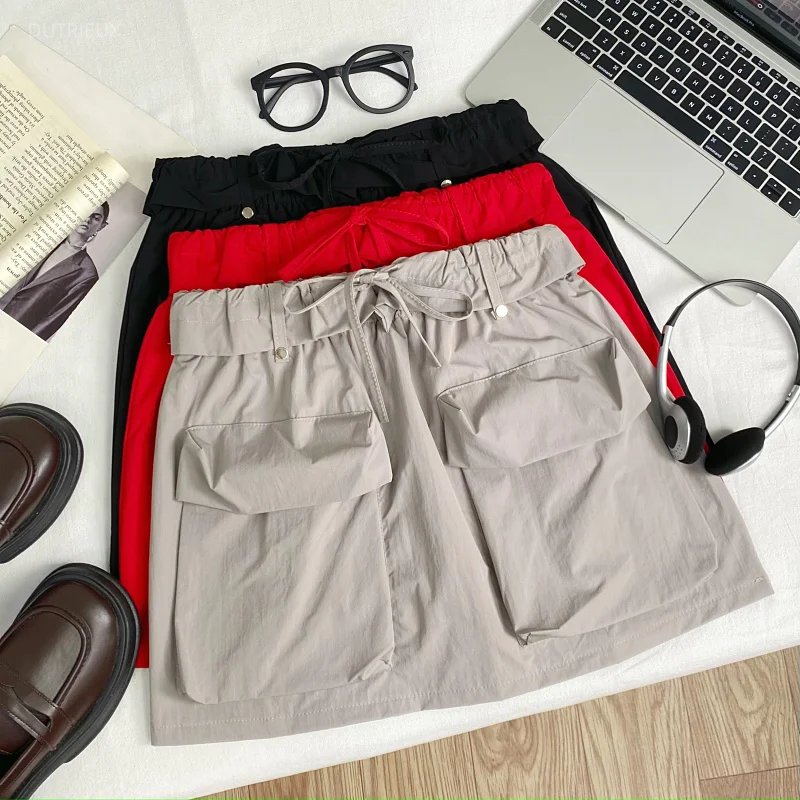 Cargo Skirts Women Solid Pockets A-line Vintage Spring Summer Mini Skirt Korean Fashion Grunge High Waist Faldas Mujer