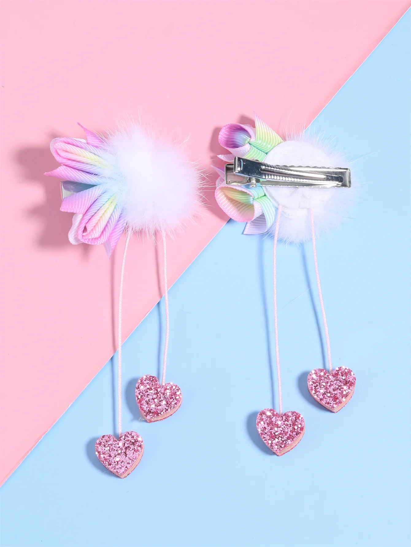 2pcs Gradient Rainbow Hair Clips for Girls Pompom Wings Clips with Tassel Barrettes Cute Hair Accessories for Kids Ideal Gifts