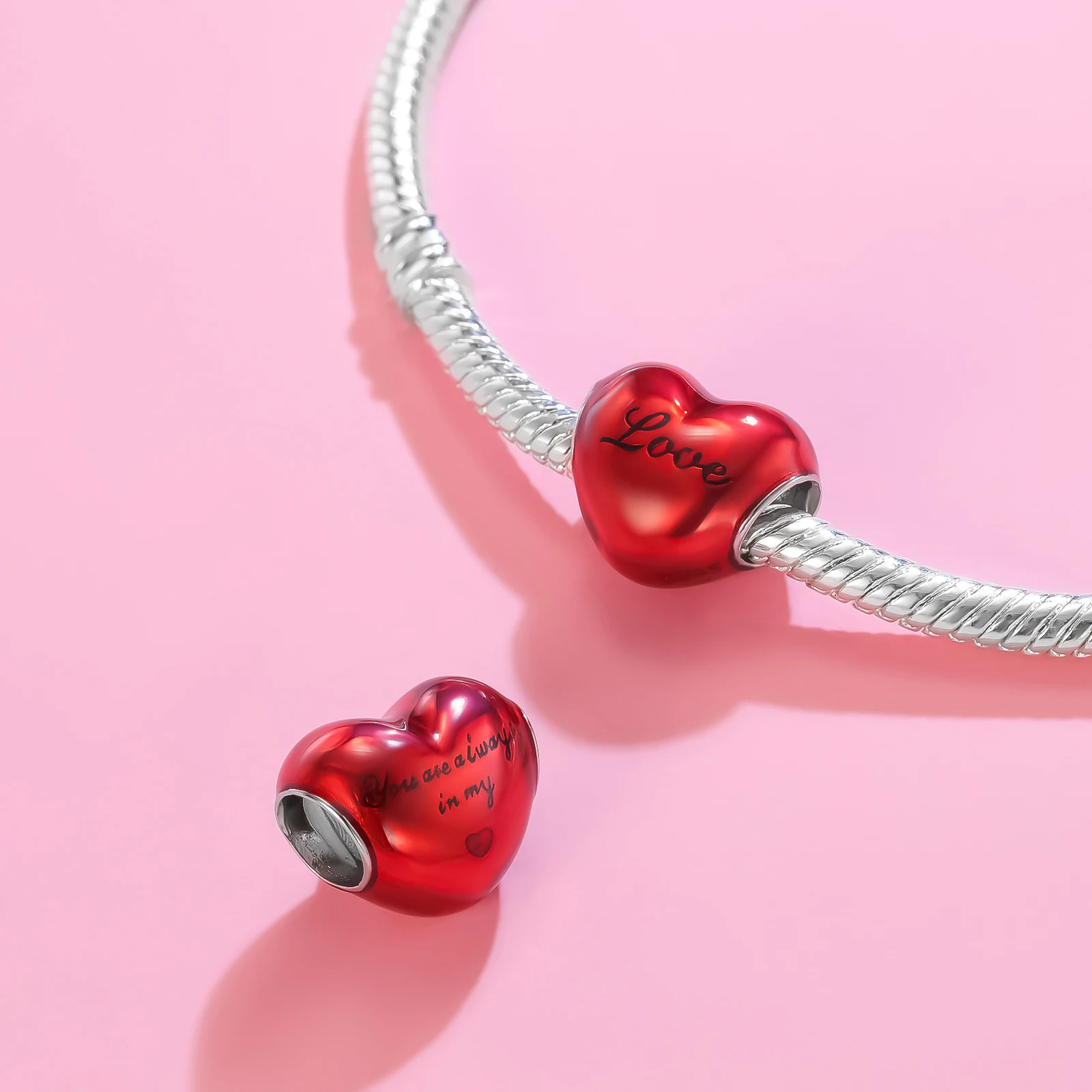 Red Enamel Heart Charm Bead 925 Sterling Silver Engraved 