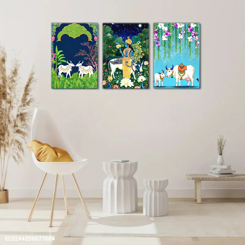 3 قطع من المطبوعات القماشية المؤطرة، ملصق زخرفي بنمط إسلامي للتسامي الفني المذاق، منظر طبيعي للبقرة والأغنام #1