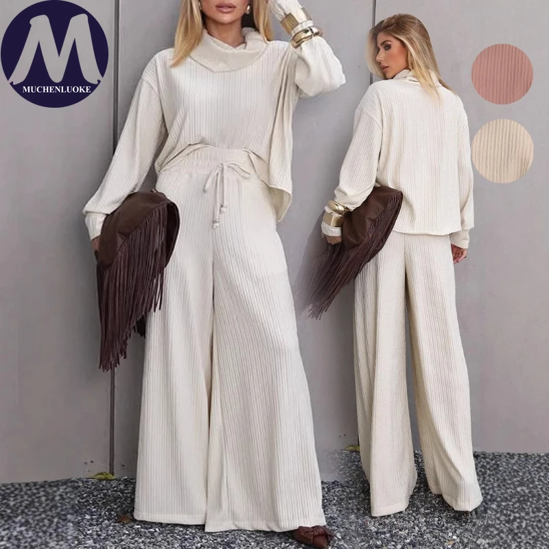 

2 Pieces Set for Woman Spring Autumn Elegant Long Sleeves Pile Collar Tops Suits Fashionable Casual Loose Wide Leg Pants Sets