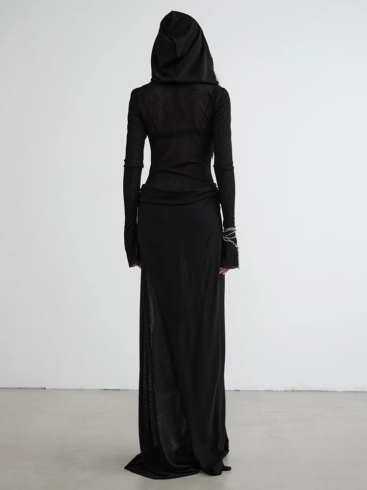 فستان نسائي أنيق بأغطية رأس وحياكة ، فستان منظور رفيع ، أكمام طويلة ، أسود ، موضة المد والجزر ، الربيع ، الخريف ، جديد ، 1DH7218 #5