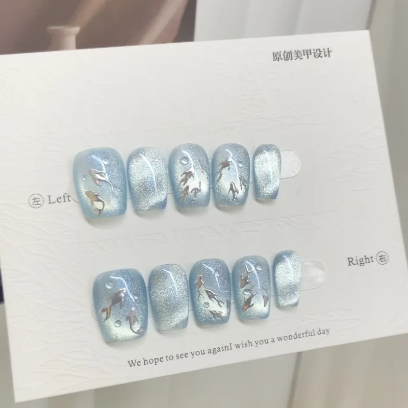 

10 Pieces Summer Fantasy Handmade Press On Nails Ocean Light Blue Glitter Silver Dolphin Fake Nails Removable Reusable