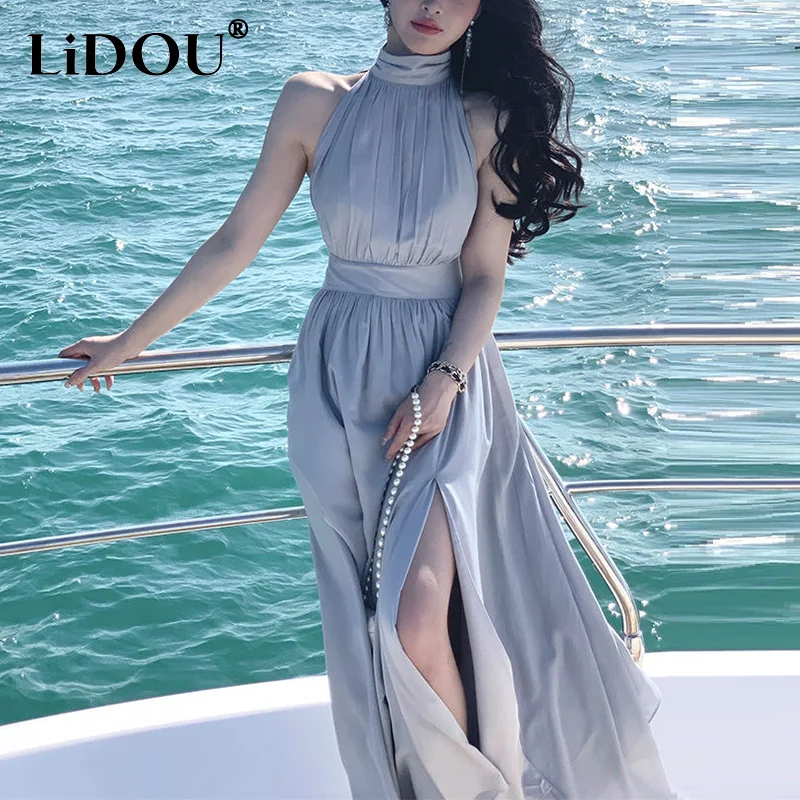 

Платье женское однотонное без рукавов, модное элегантное пляжное праздничное платье с разрезом, повседневная одежда, на лето