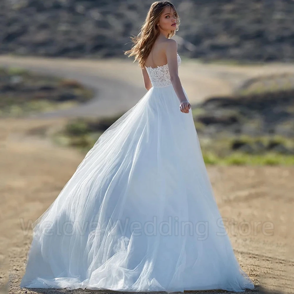 Elegant Lace and Tulle Wedding Dress Sweetheart Sleeveless Sexy High Side Slit A-Line Floor Length Bridal Open Back Gowns