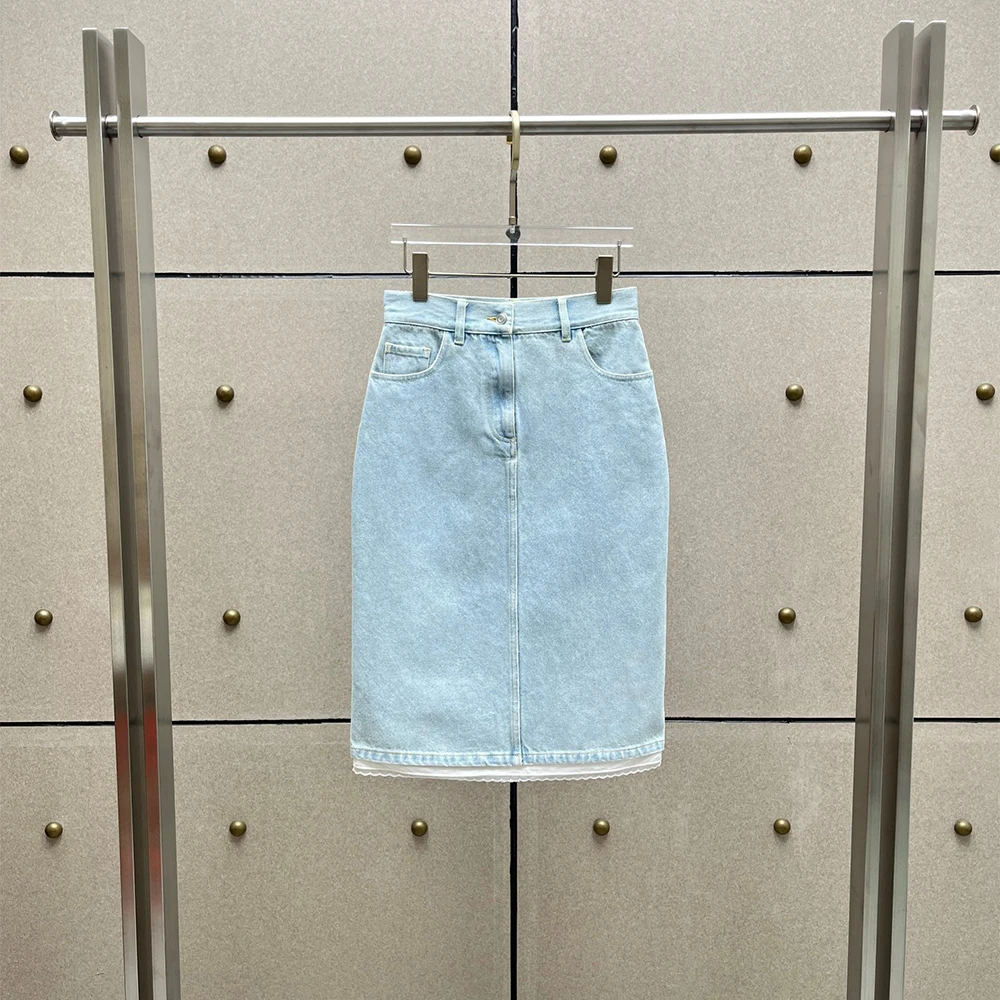 

2026 New 100% Cotton Denim Midi Skirt Women High Waist Lace Trim Hem Washed Straight Pencil Skirt Vintage Aesthetic Casual