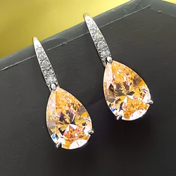 Huitan Waterdrop Cubic Zirconia Earrings for Women Luxury Pink/Yellow CZ Dangle Earrings Temperament Female Wedding Jewelry Gift