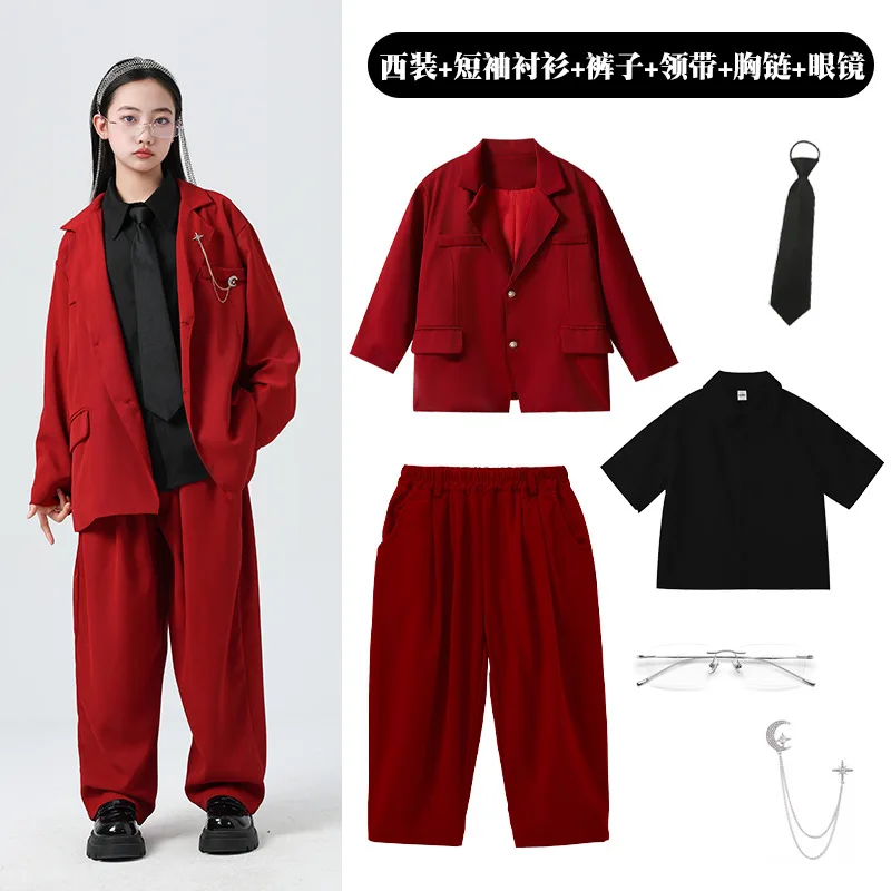 Teen Boys Girls Oversized Suit Blazer Wide Leg Pants with Tie Hip Hop Dance Stage Performance Birthday Party Casual Kids Outfit