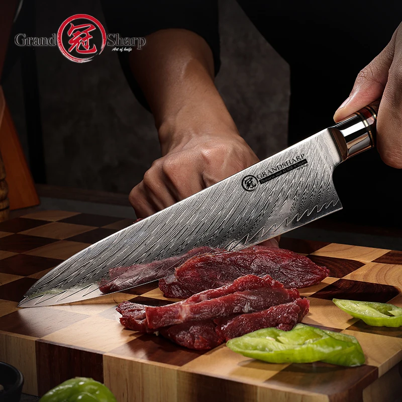 Grandsharp 7.5 Inch Real Damascus Chef Knife AUS10 Japanese Stainless Steel Kitchen Knife Meat Gyuto Butcher Cooking Knives Hot