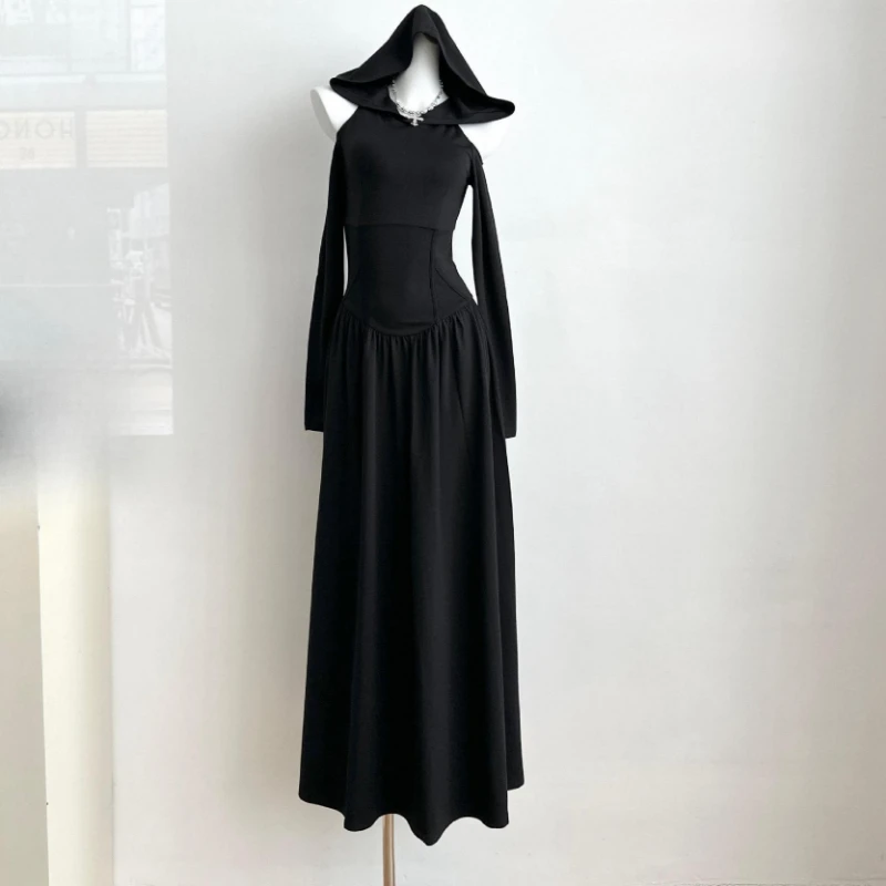 

2026 New Vintage Halloween Design Sense Dress Gothic Dark Long-sleeve Robe Witch Hooded Waist Black Vestidos Long Dresses Women