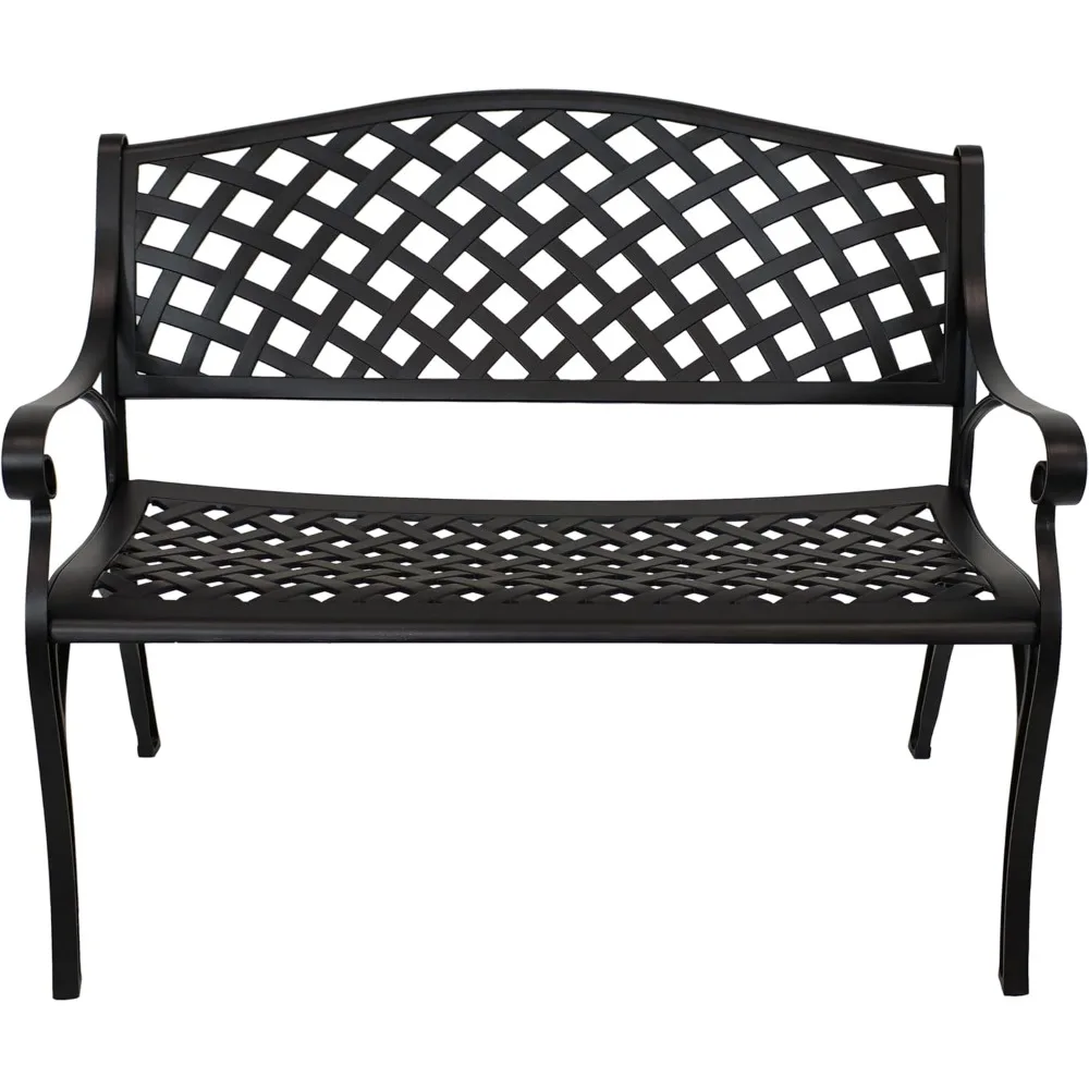 2-Person Cast Aluminum Garden Bench with Checkered Design - 615-Pound Weight Capacity - 39-Inch W - Black