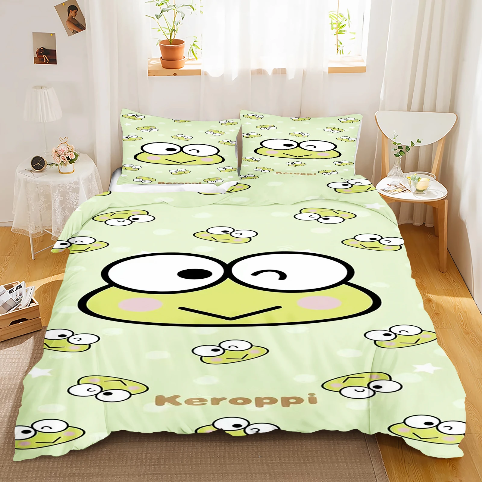 

Big-Eyed Frog Bedding Set Sanrio Keroppi Quilt Cover Bedroom Various Sizes 100% Polyester Ultra Soft Comfortable New Designer