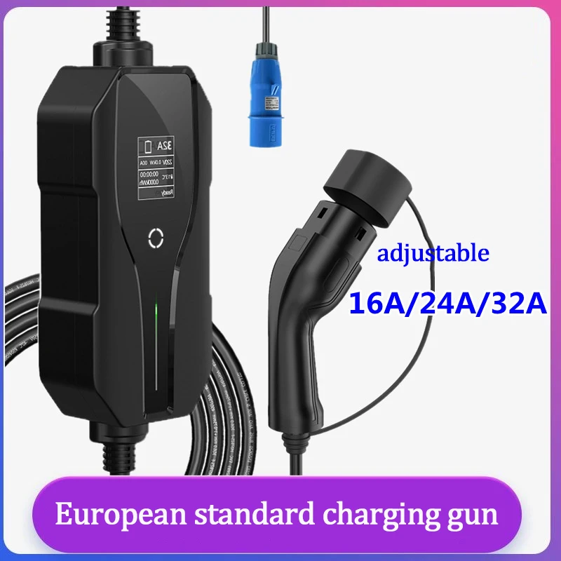 

Portable EV Charging TQ18 16A/24A/32A Electric Vehicle Charger 7.4KW, CEE Plug 110-250V EVSE Car Charger Cable