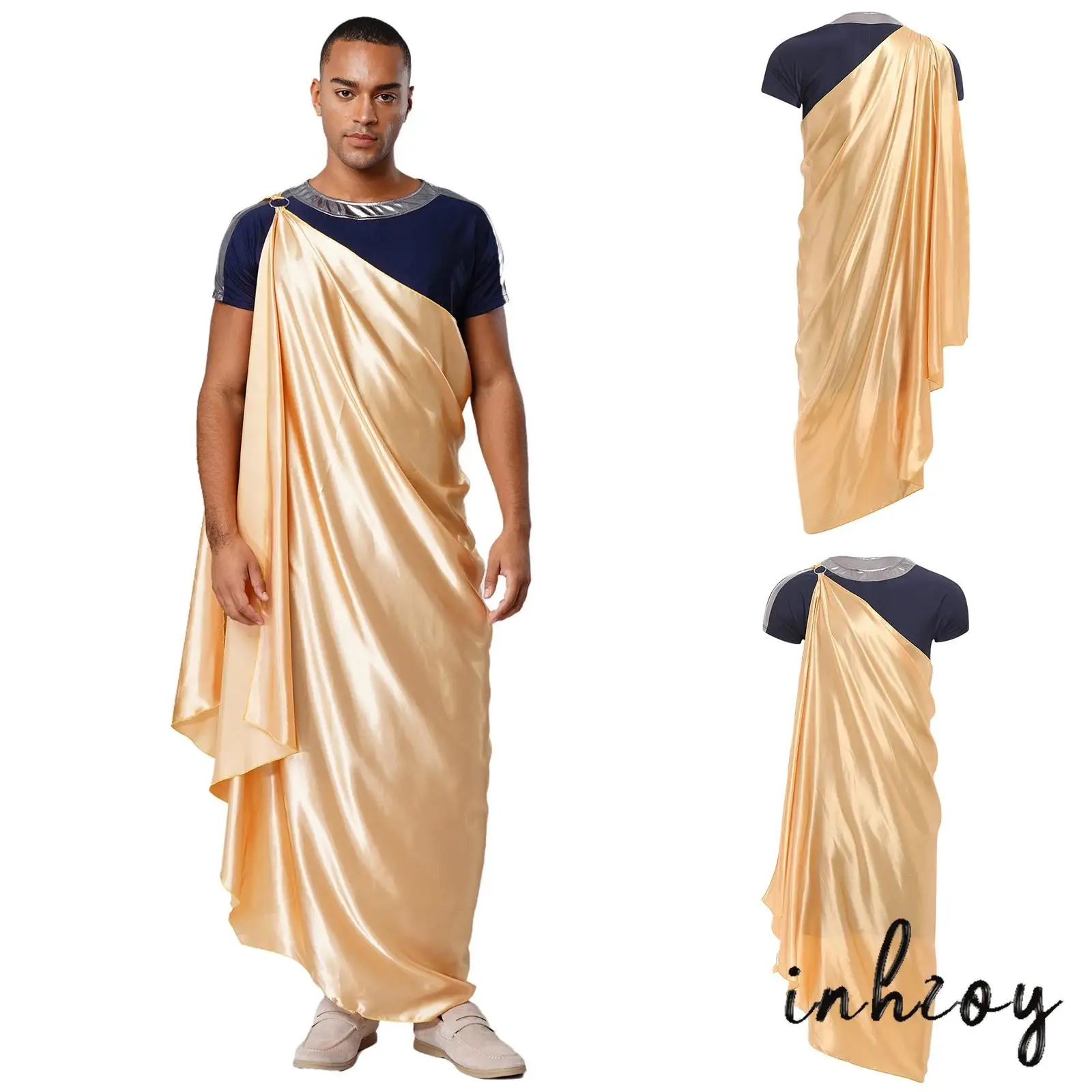 

Mens Halloween Ancient Greece Spartan Warriors Outfit Round Neck Short Sleeve Robe with Satin Cape Cosplay Theme Party Costume
