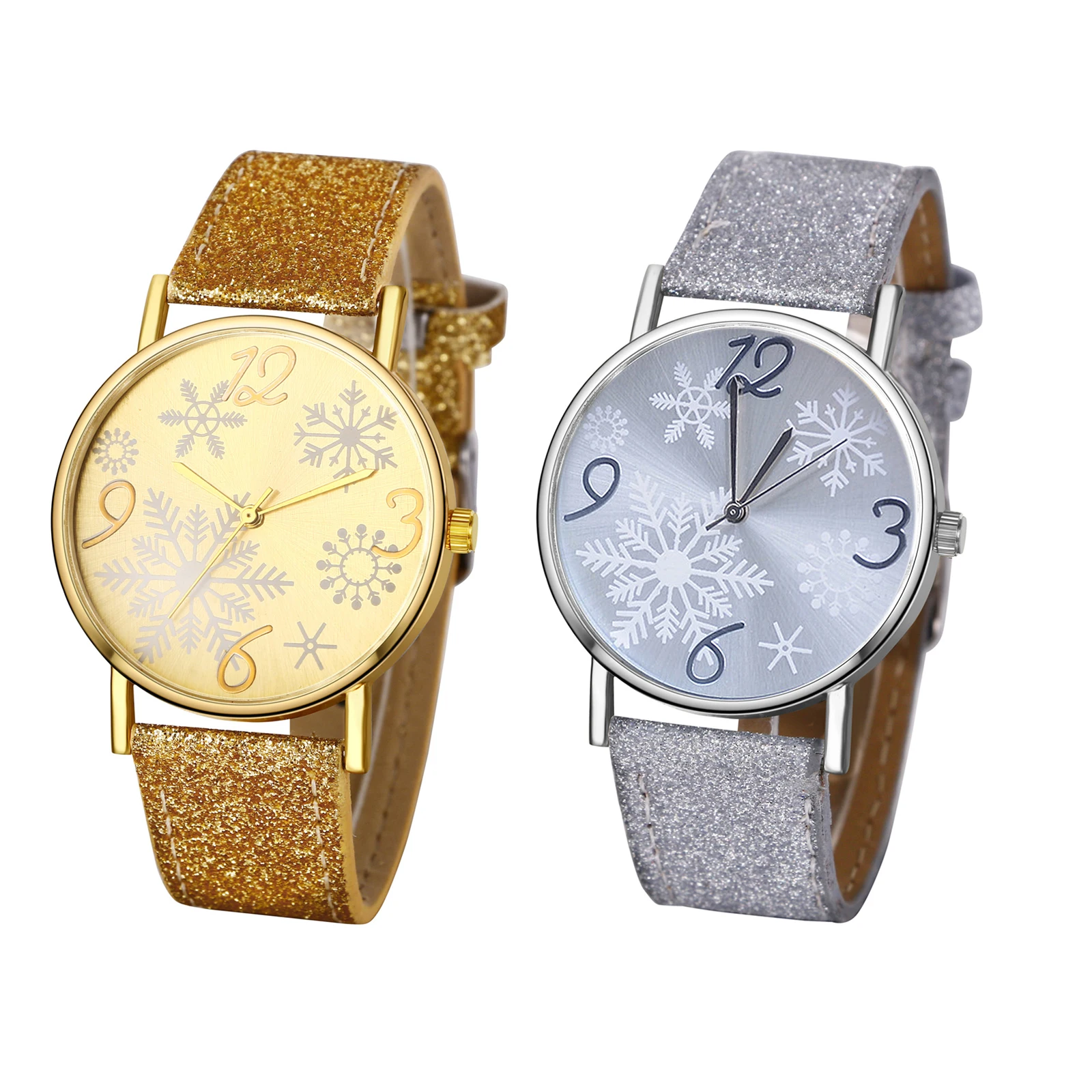 Lancardo 2Pcs Womens Girls Snowflake Sparkly Round Big Dial Wristwatch Leather Strap Quartz Watch Xmas Holiday Gift Female Clock