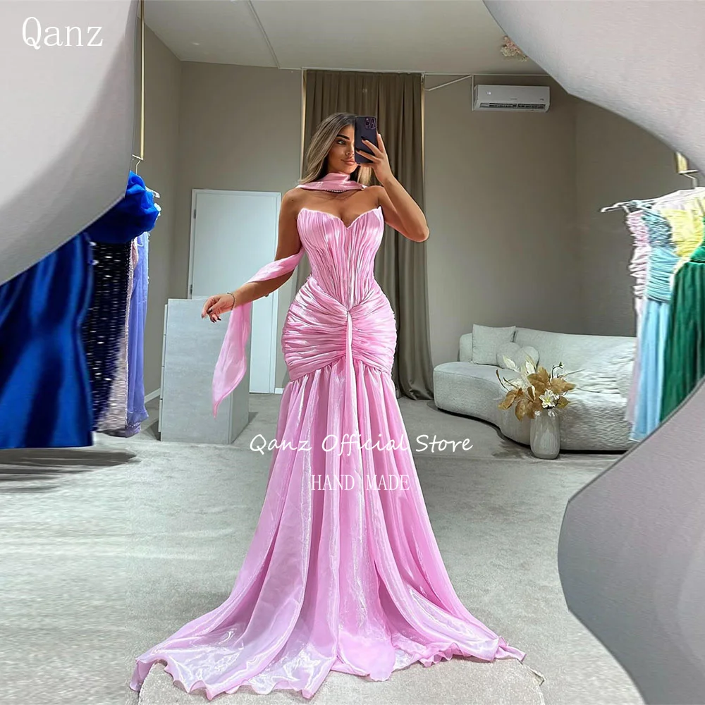 

Qanz Pink Pleat Evening Dresses Sweetheart Women Mermaid Vestidos De Fiesta Elegantes Ribbon Pleat Robes De Soirée Customized