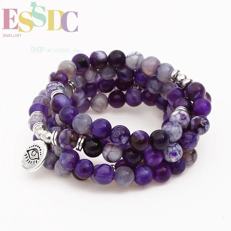 New Style Fashion 8mm Natural Purple Ice Blast Onyx  108 Mala Eye Pendant  Chakra Yoga Prayer Bracelet Dropship