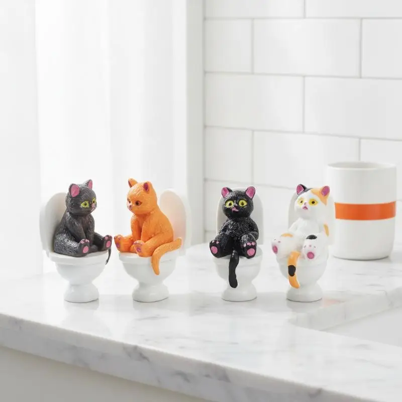 [1/4/5 Pcs Funny Cat Sit on Toilet Ornament Miniature Handicraft Figurines Landscape Gift Desk Car Home Garden Decoration]