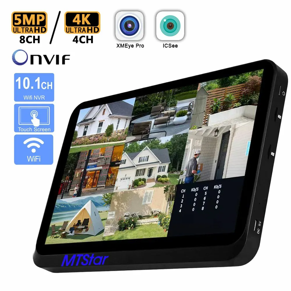 8CH 5MP 10.1 Inch Touch Screen Wifi NVR Compatible with Xmeye Icsee IP Wifi Camera Support Face Detection LCD NVR All in One