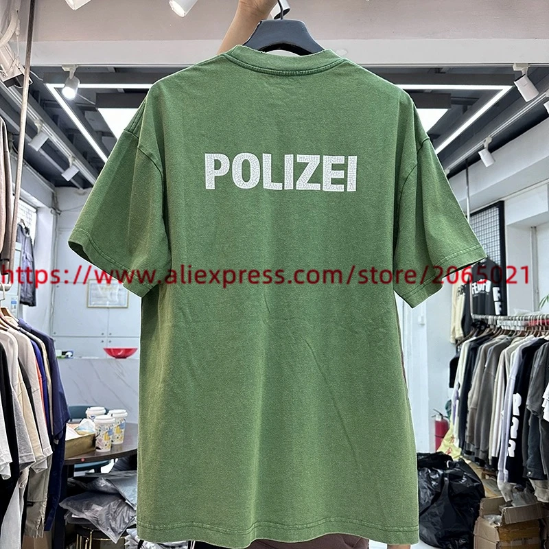 Washed Green Destroy Hole POLIZEL Heavy Fabric T Shirt Men Women High Quality Top Tee T-shirt