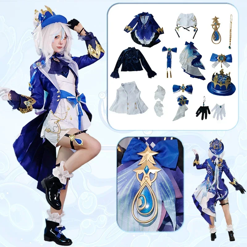 Premium Genshin Impact Wit Zwart Furina Cosplay Focaloïde Hoed Haar Schoenen Volledige Set Carnaval Vrouwen Jurk Halloween Kostuum