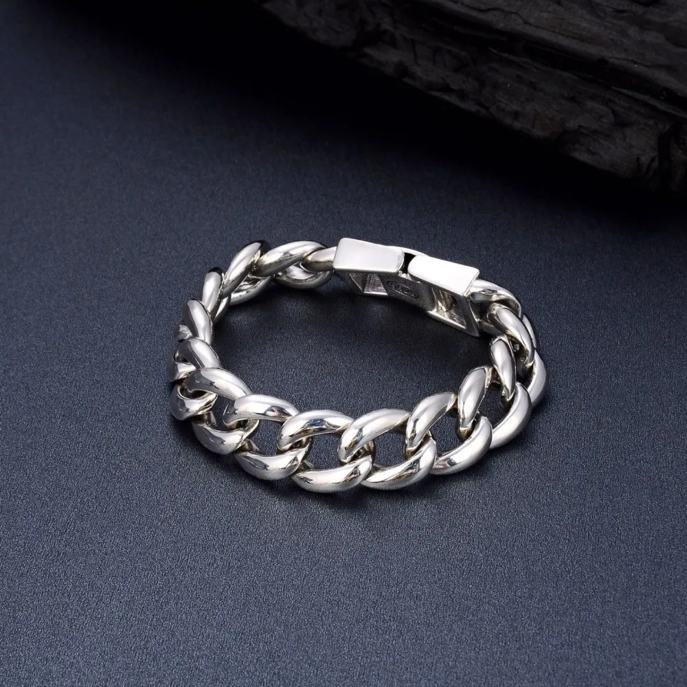 Real Solid 925 Sterling Silver Chain Men Lucky 16mm Wide Cuban Curb Link Bracelet 102g/20cm