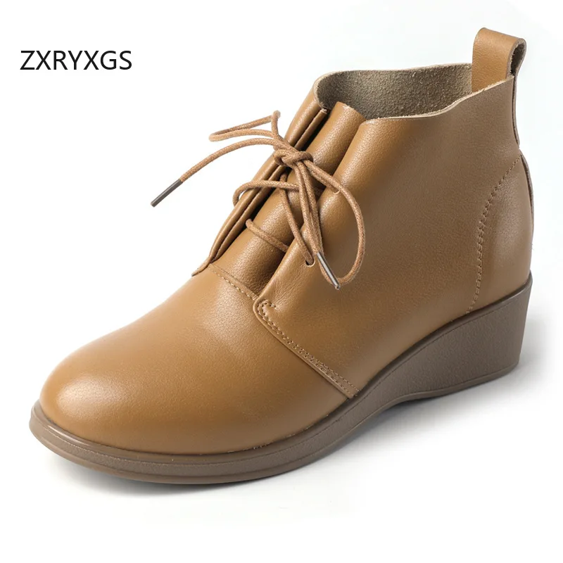 

ZXRYXGS женские одинарные ботинки из воловьей кожи с верхним слоем, короткие модные ботинки на танкетке со шнуровкой, 2025 г., удобные зимние ботинки большого размера