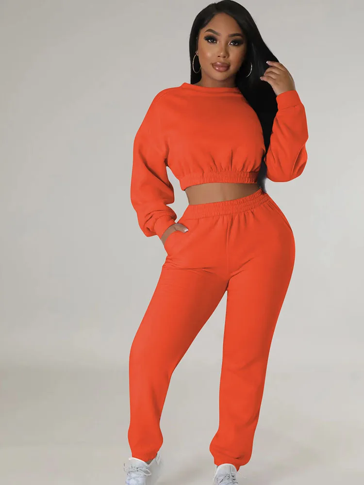 

Solid Casual Streetwear Two Piece Set Women Outfits Long Sleeve O-neck Crop Top and Pants Sets Elastic Jogger Fitness Sweatsuit