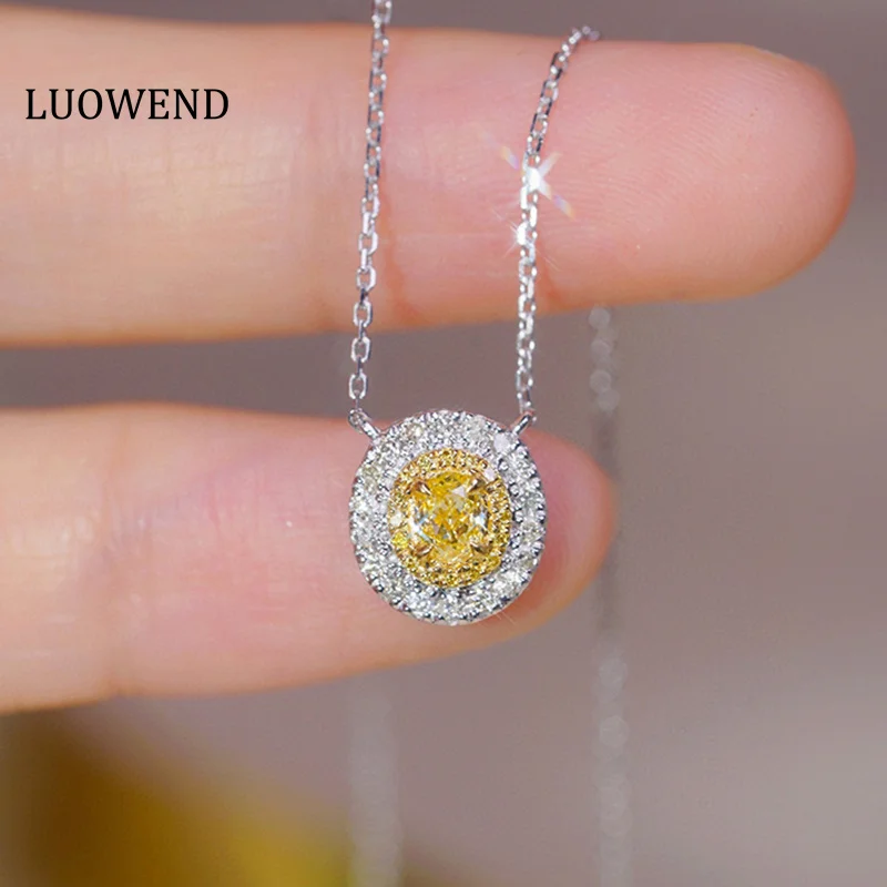 LUOWEND 100% 18K White Gold Necklace Real Natural Yellow Diamond Pendant Necklace for Women Classic Oval Shape Birthday Gift