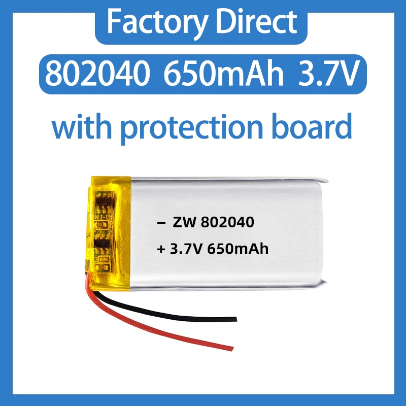 

650mAh 802040 Polymer Lithium Battery 3.7V Detector Massager Speaker Recording Pen Electric Toothbrush Rechargeable Batt