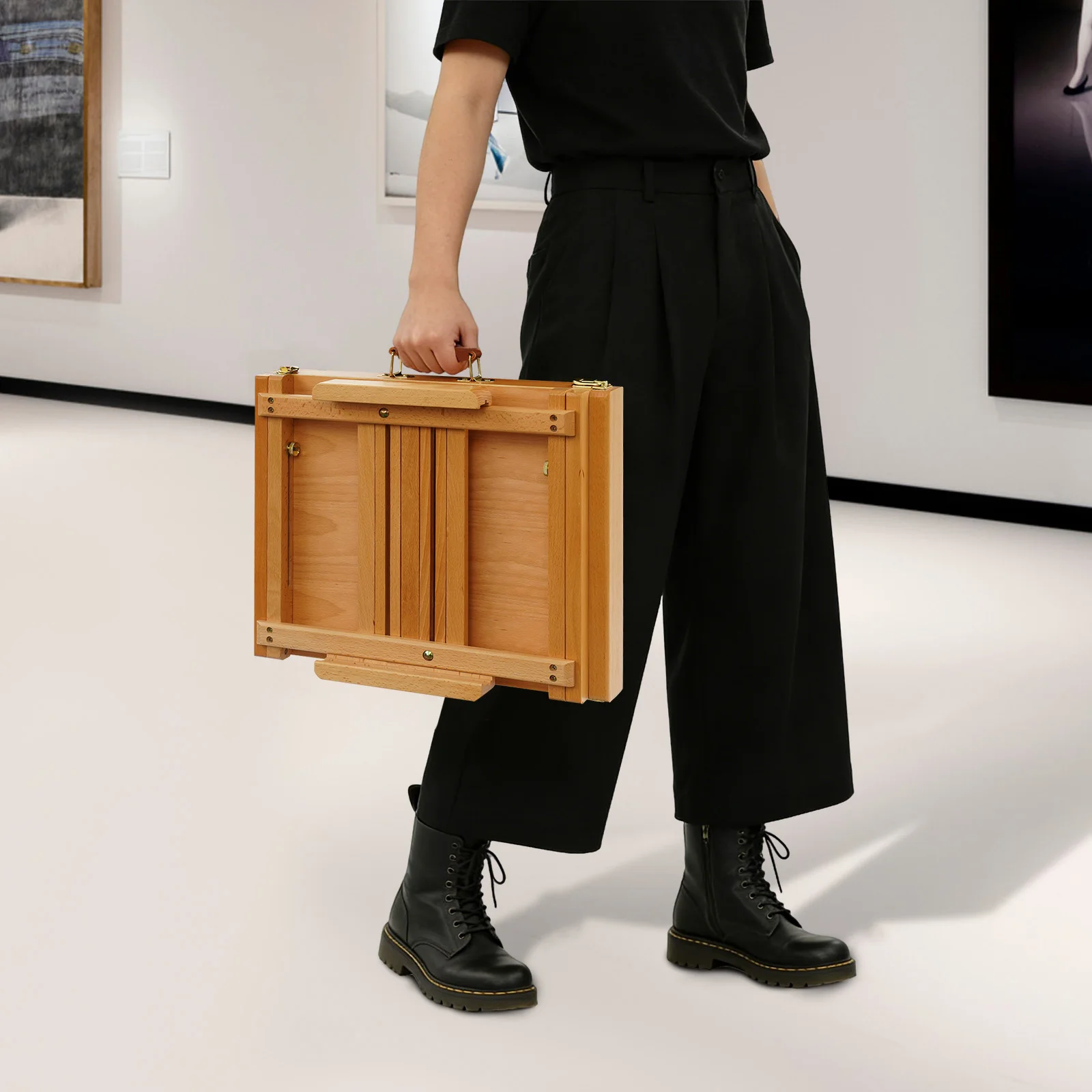 Portable Beech Wood Sketchbox Easel, Foldable Painting Stand with 4-Section Storage Box for Outdoor Sketching