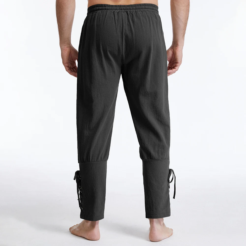 Men's Vintage Cotton Linen Solid Color Breathable Cozy Pants Pirate Viking Costume Gothic Style Medieval Drawstring Trousers