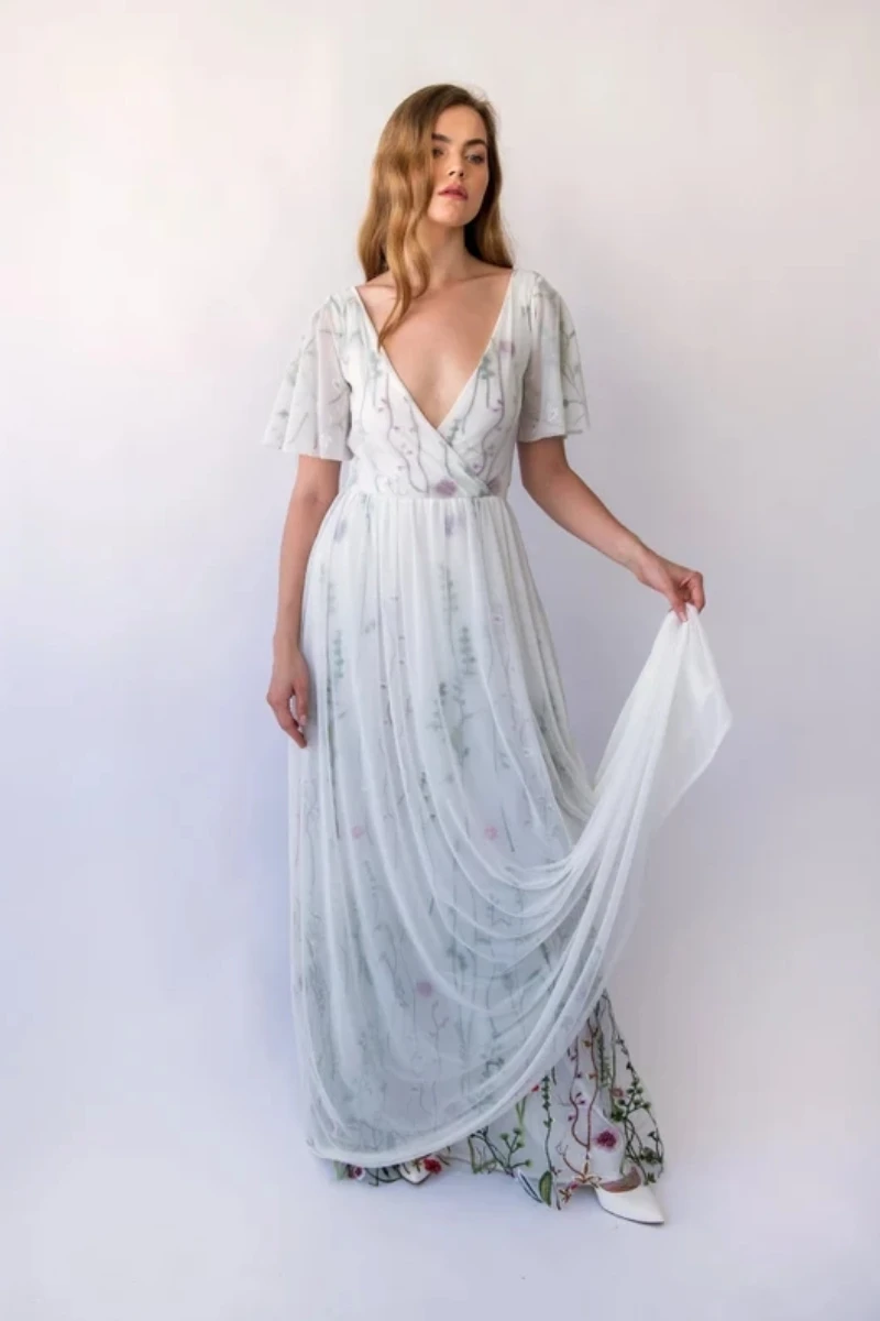 

Bestseller Ethereal Floral Embroidered Open Back Gown White Wrap Chiffon Mesh Wedding Dress #1469