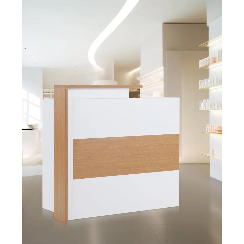 Modern reception desk with lockable drawers, multifunctional lobby cashier bar counter, for checkout (white&oak), reception desk