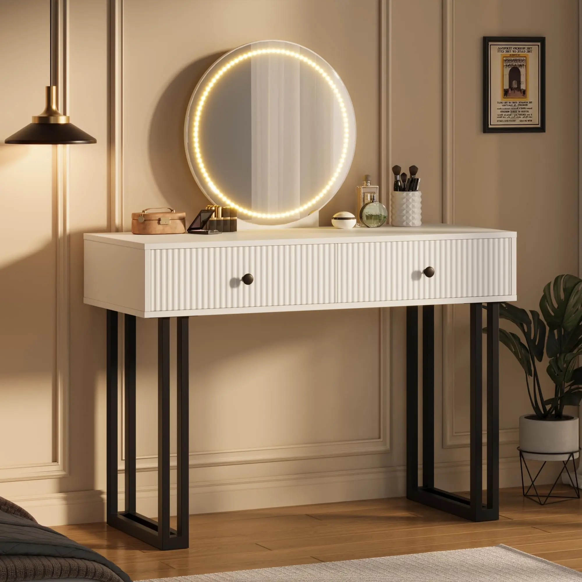 Image of Schminktisch mit Spiegel und Beleuchtung, Kleiner Make-up-Tisch mit 2 Schubladen, Moderner Frisiertisch mit 3 Farblichtmodi und Einstellbarer Helligkeit für Schlafzimmer