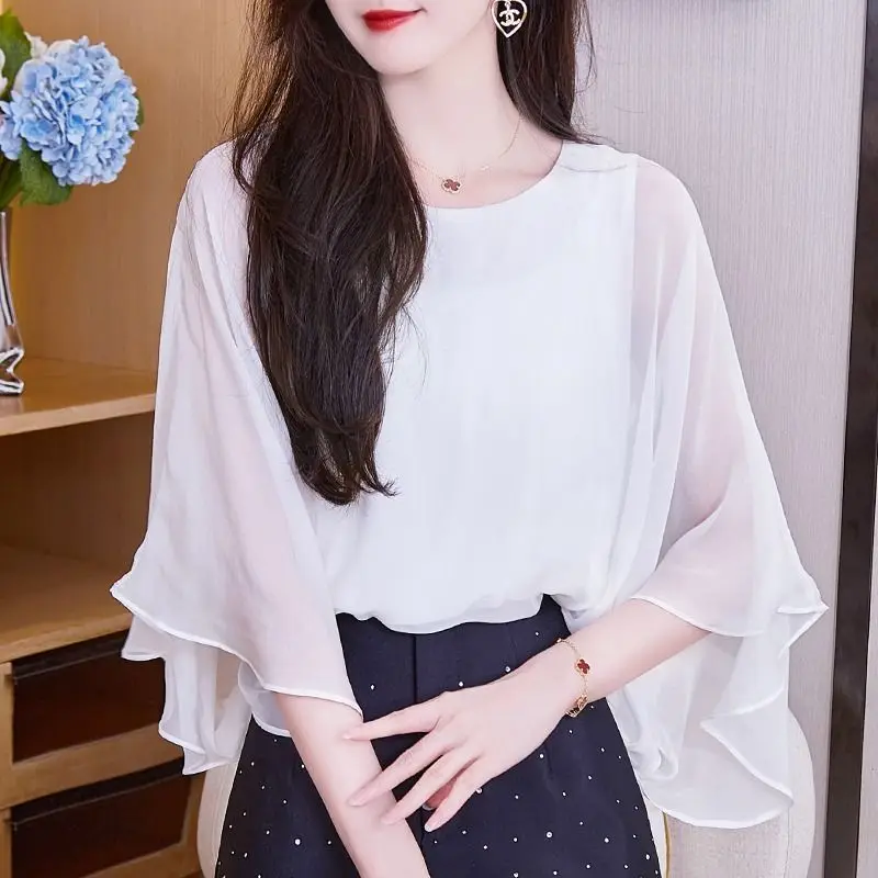 Summer New Round Neck Fashion Three Quarter Blouse Women Solid Color Casual Loose Pullovers Elegant Comfortable All-match Tops