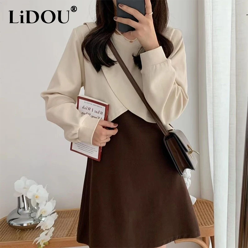 Spring Autumn Round Neck Irregular Long Sleeve T-shirt Solid Color Mini Tank Dress Set Women Casual Fashion Tee Vestidos Suit